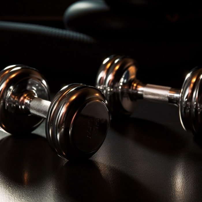 Heavy weights, muscular build, steel equipment shining generated by artificial intelligence