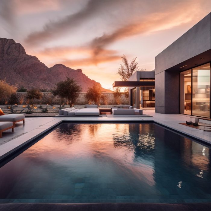 Luxury sunset poolside relaxation with stunning landscape view generated by artificial intelligence